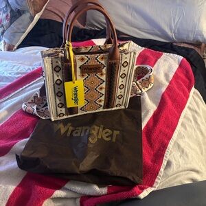 Wrangler Tan & Brown Patterned Tote with Detachable Logo Strap With Dust Bag